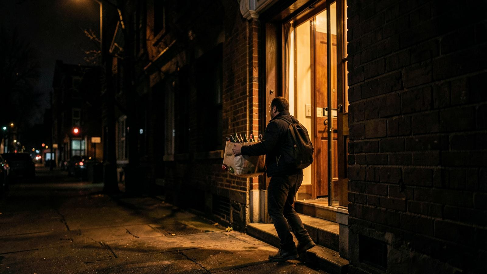 247BOOZE courier delivering bottles to a Toronto doorway at night