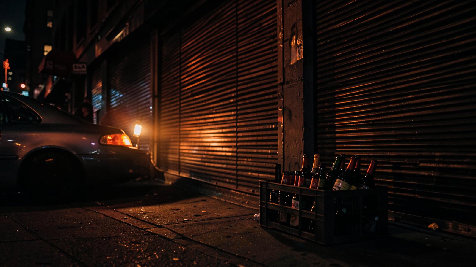 Closed storefronts at night with a crate of bottles on a GTA sidewalk