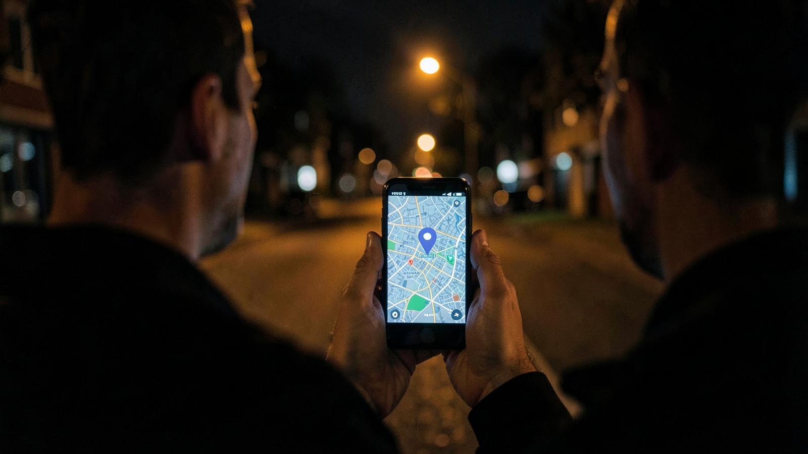 Person checking a glowing map on a phone on a dark residential street at night