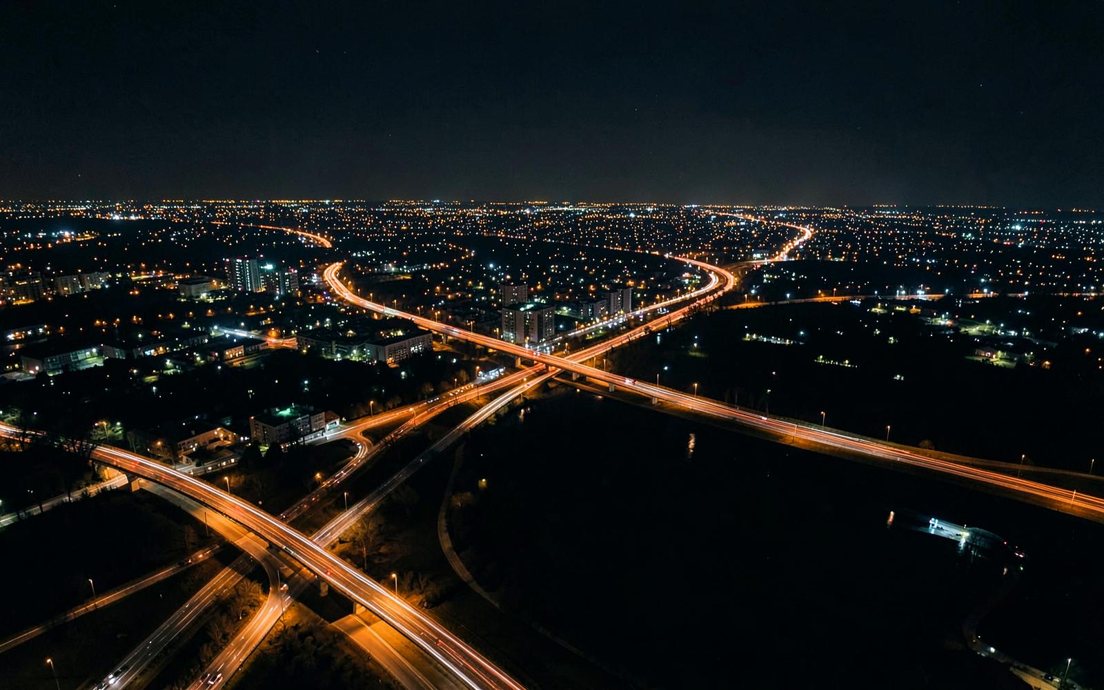 Night-time aerial view of the Greater Toronto Area road network served by 247BOOZE